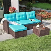 JOIVI Patio Set, PE Wicker Rattan Outdoor Conversation Set, Tempered Glass Coffee Table, Blue