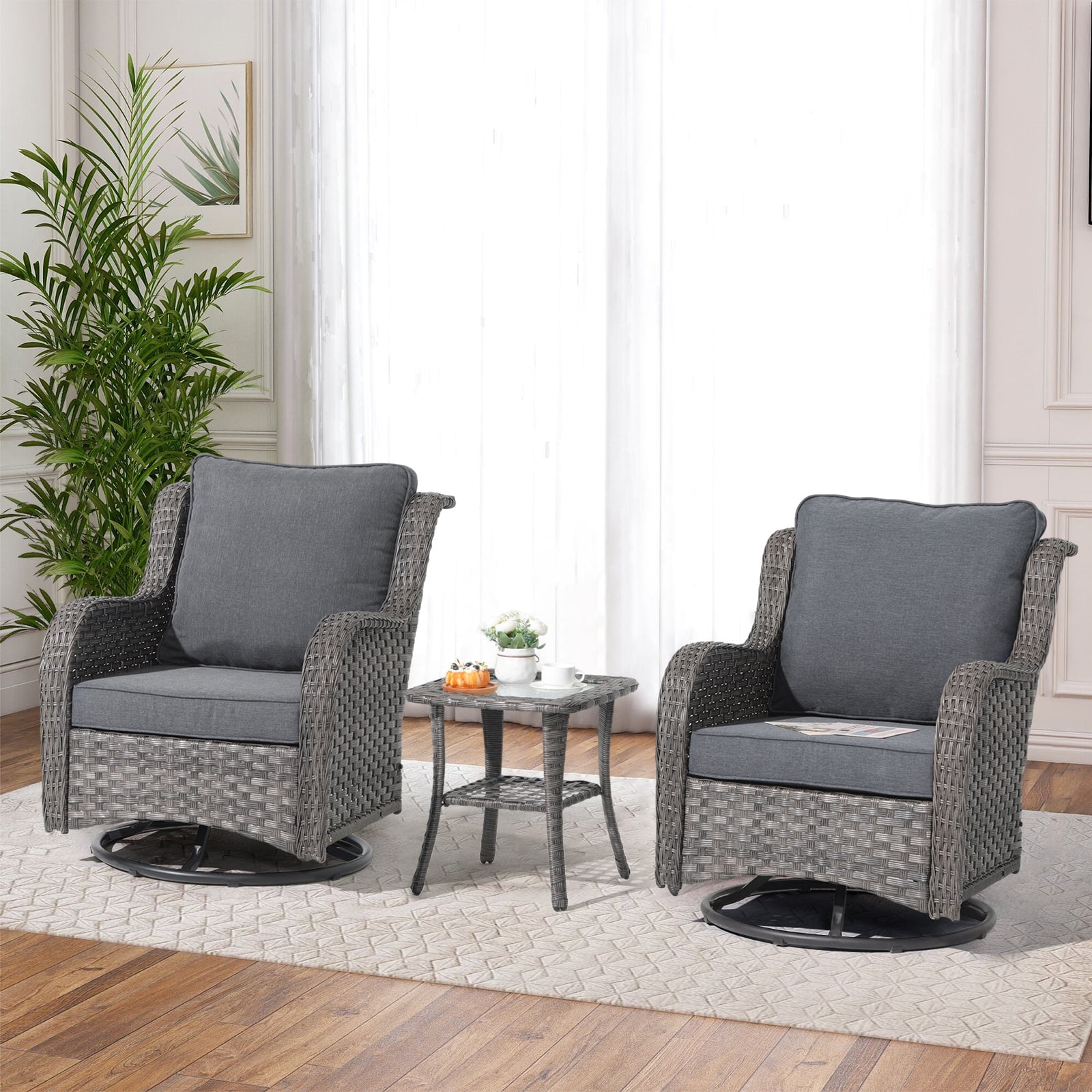 JOIVI 3Piece Patio Swivel Rocker Set, Outdoor Wicker Furniture with