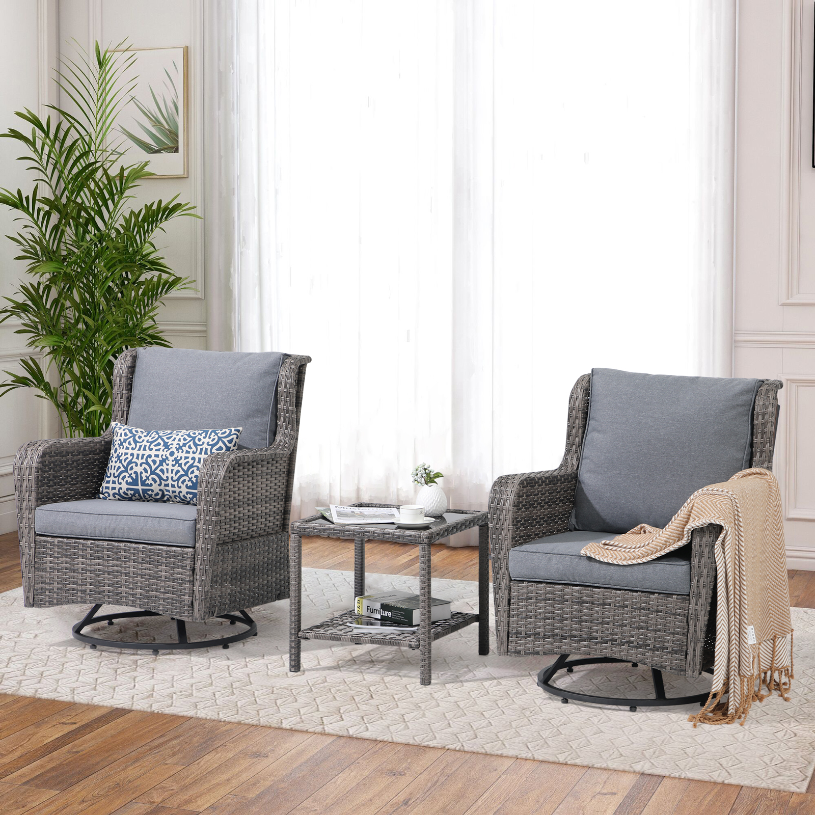 JOIVI 5Piece Outdoor Wicker Furniture Set, Rattan Bistro All Weather