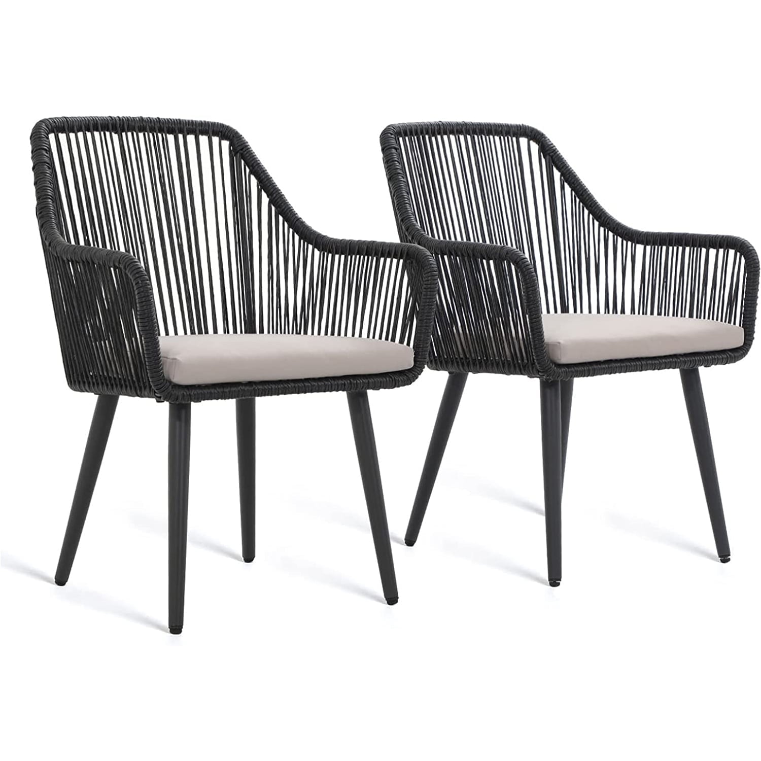 Black Wicker and Metal Outdoor Dining Chairs with Cushions, Set of 2