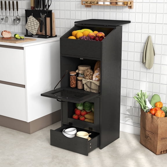 JOIVI Potato Storage Wood Bin, Wooden Bread Storage Bins with Removable Drawer & 2 Doors, 16'' Onion Organizer with Grocery Section, Decorative Vegetable Organization Cabinet for Kitchen, Black