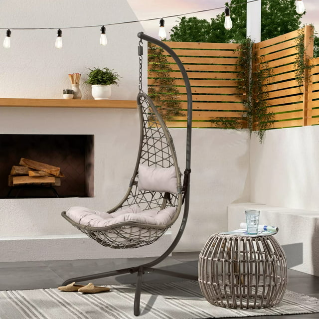 JOIVI Swing Egg Chair Outdoor Indoor Wicker Hammock Hanging Chair, Patio Rattan Lounge Chair with Steel Frame, Stand and Cushions for Balcony, Deck, Bedroom, Gray