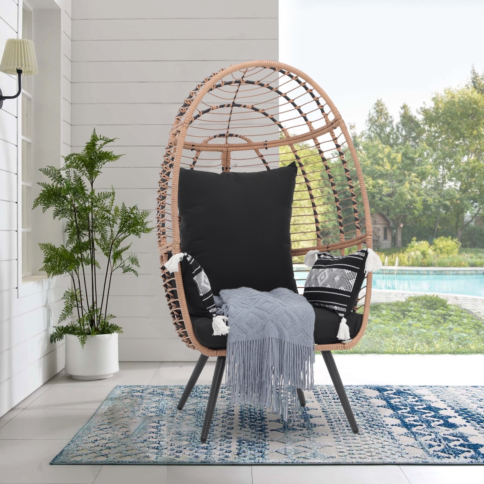 JOIVI Wicker Egg Chair for Outside Deck Oversized Indoor Outdoor Chair with Stand Cushions Beige Rattan Black Cushion Walmart