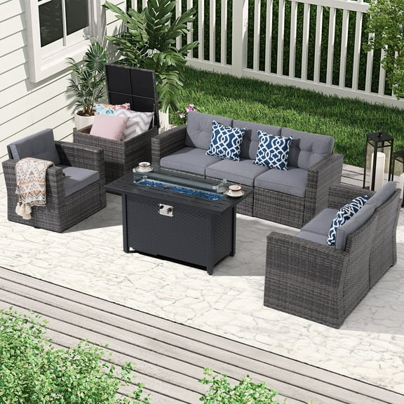 JOIVI 8 Pcs Patio Conversation Set with 45" 50000 BTU Fire Pit Table, Outdoor Furniture Rattan Wicker Patio Sectional Sofa Set with Storage Box, Gray
