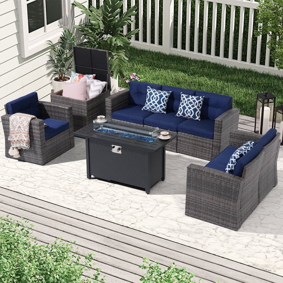 JOIVI 8 Pcs Patio Conversation Set with 45" 50000 BTU Fire Pit Table, Outdoor Furniture Rattan Wicker Patio Sectional Sofa Set with Storage Box, Navy Blue