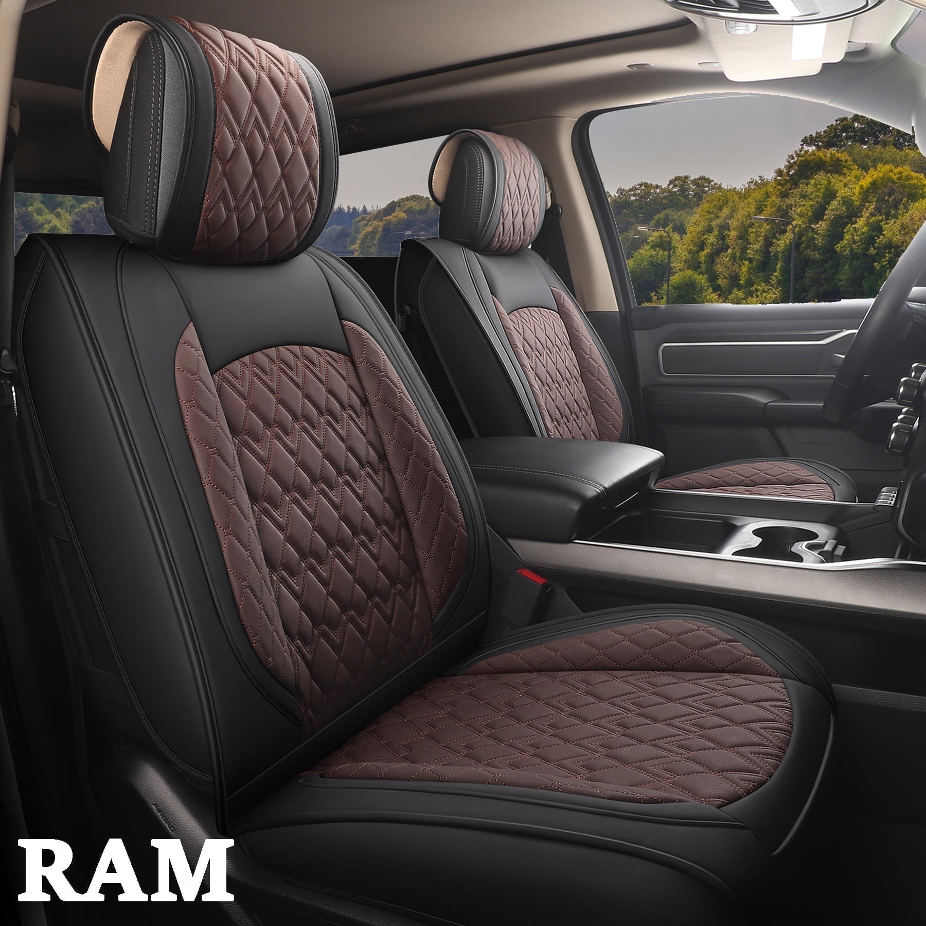 JOJOBAY Car Seat Covers for Dodge Ram 2 Pcs Front,Fit Ram 2009-2026 1500/2500/3500 Pick-up Truck,Crew,Regular,Quad,Mega Cab,Waterproof Leather Seat Covers Protectors（2PCS Front,Black-Brown）