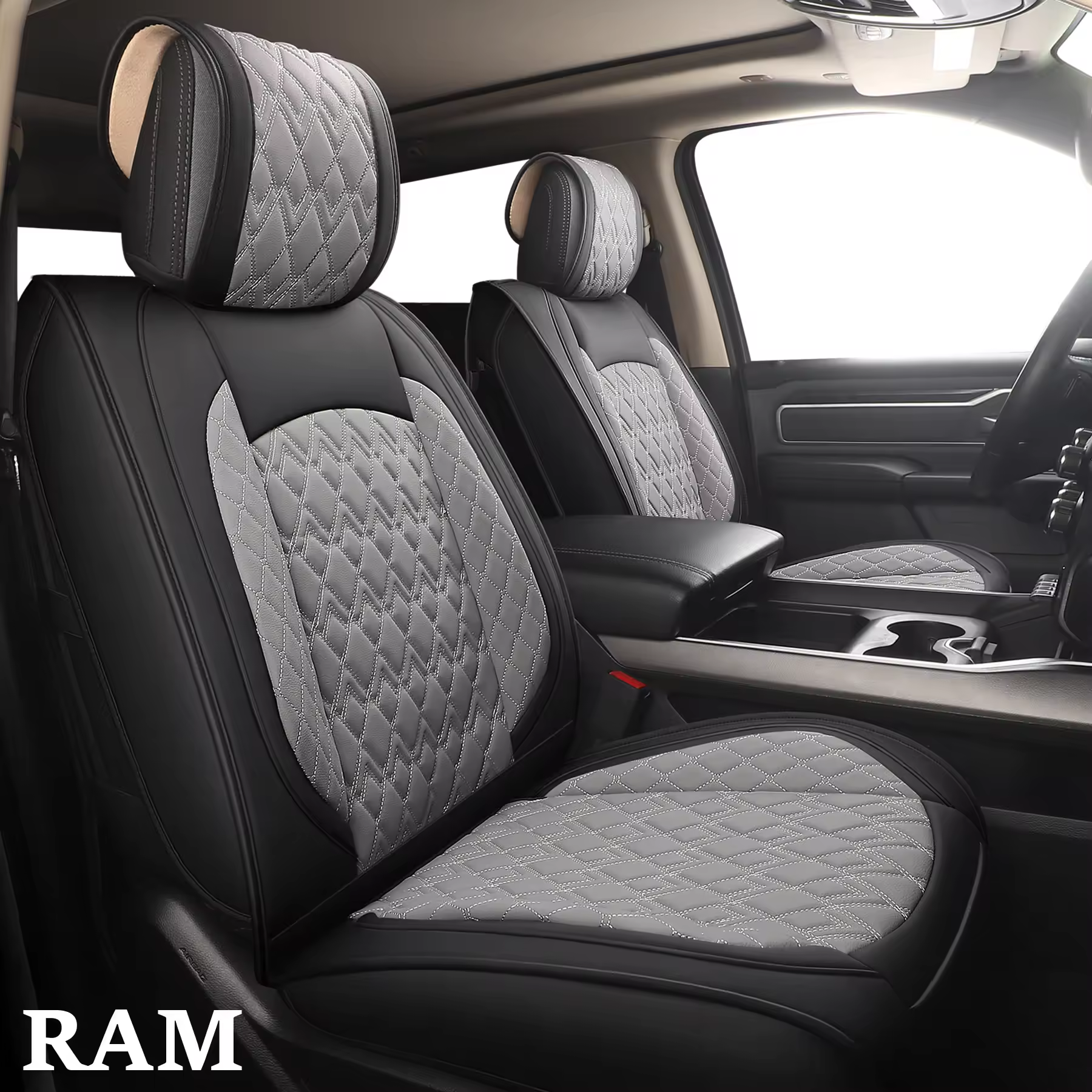 JOJOBAY Car Seat Covers for Dodge Ram 2 Pcs Front,Fit Ram 2009-2026 1500/2500/3500 Pick-up Truck,Crew,Regular,Quad,Mega Cab,Waterproof Leather Automotive Seat Covers 2 PCS Front,Black-Grey