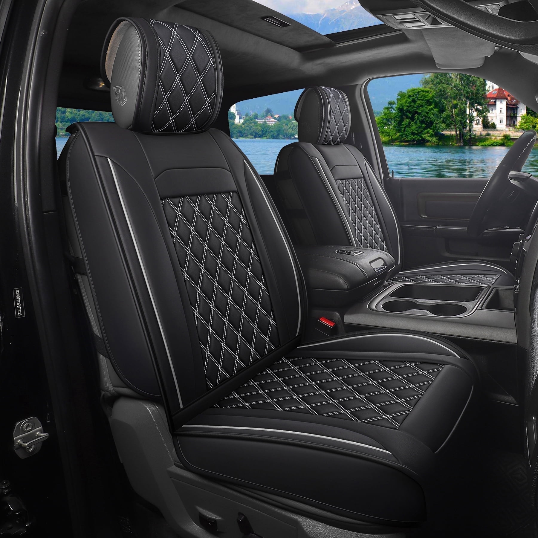 JOJOBAY Car Seat Covers for Dodge Ram,Fit 2009-2026 1500/2500/3500 HD Pick-up Truck,Crew,Regular,Quad,Mega Cab,Waterproof Synthetic Leather Seat Covers(2PCS-Front,Black-White)
