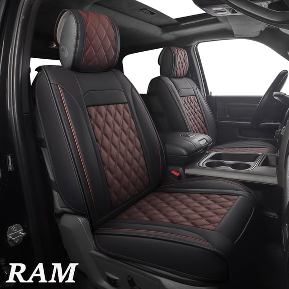 JOJOBAY Car Seat Covers for Dodge Ram,Fit 2009-2026 1500/2500/3500 HD Pick-up Truck,Crew,Regular,Quad,Mega Cab,Waterproof Synthetic Leather Seat Covers(5PCS-Full Set,Black-Brown)