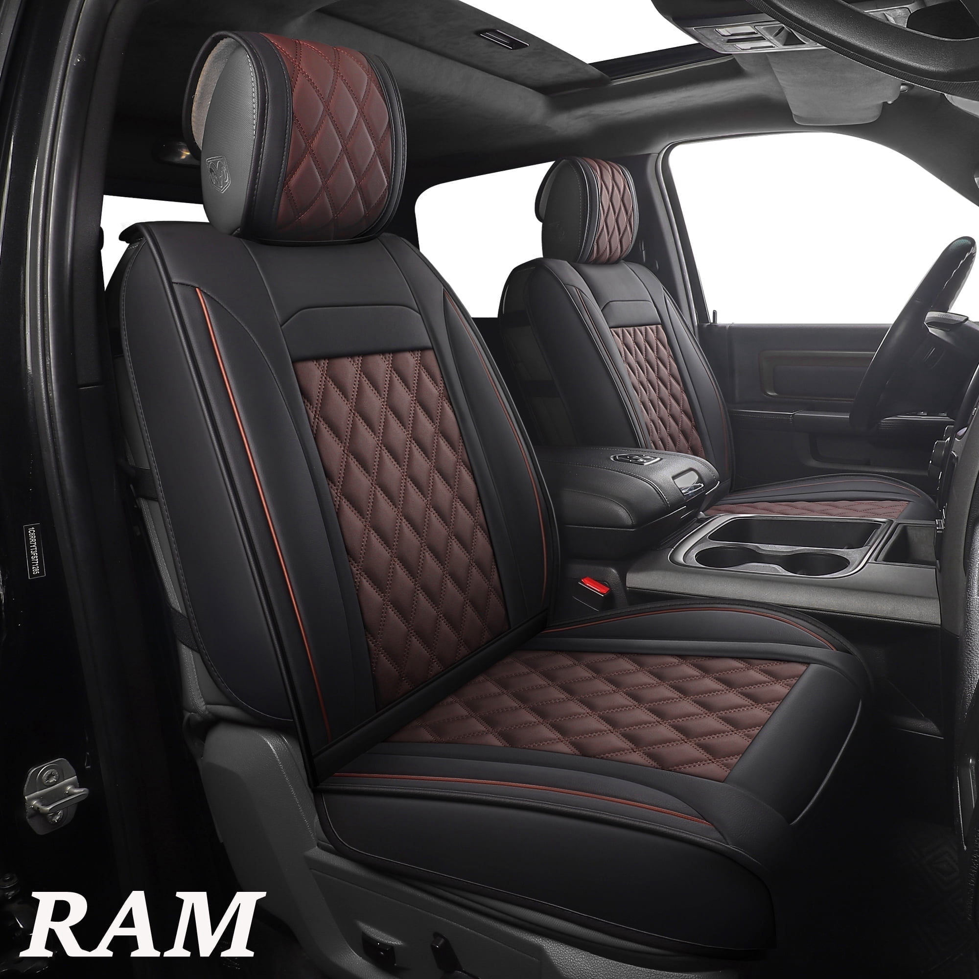 JOJOBAY Car Seat Covers for Dodge Ram,Fit 2009-2026 1500/2500/3500 HD Pick-up Truck,Crew,Regular,Quad,Mega Cab,Waterproof Synthetic Leather Seat Covers(5PCS-Full Set,Black-Brown)