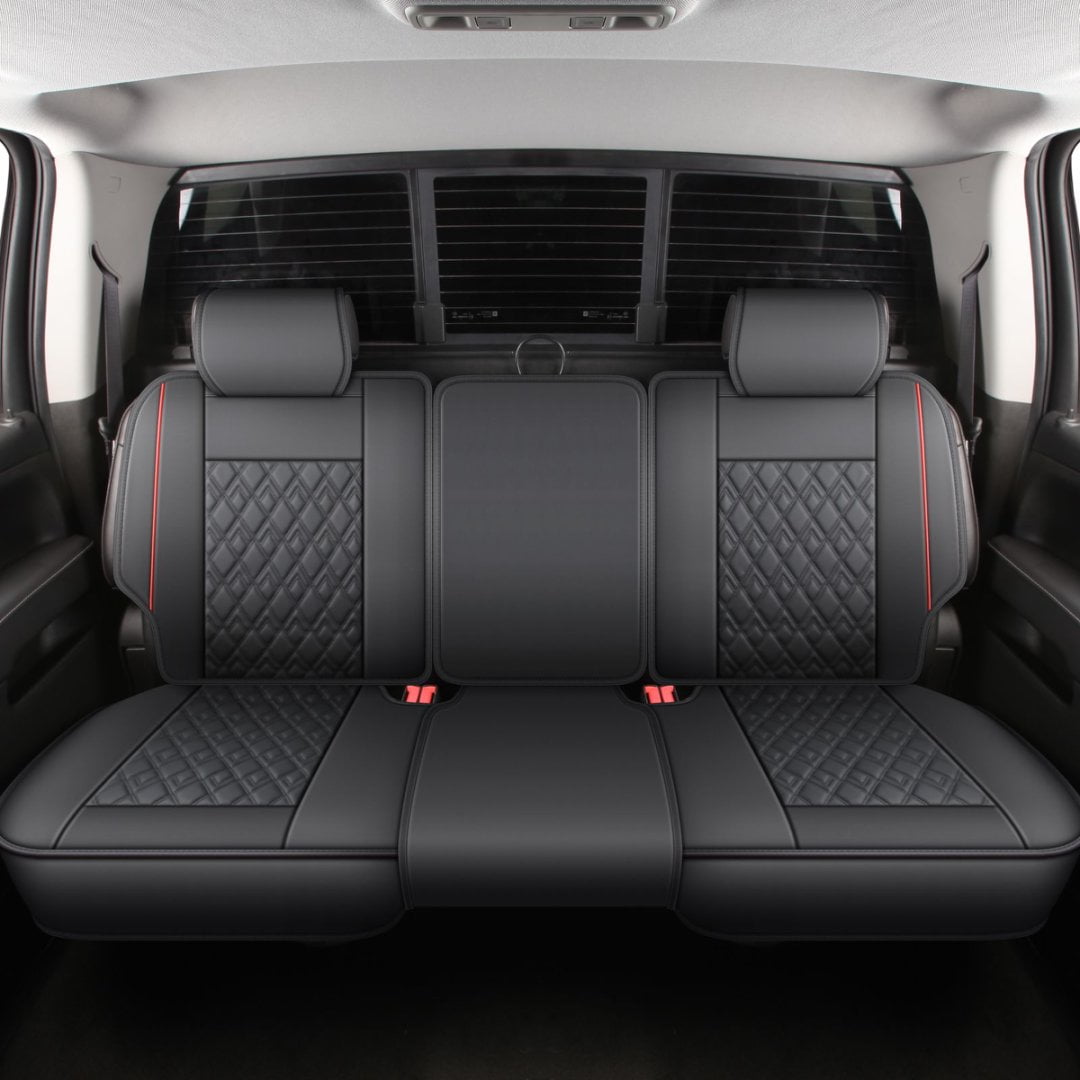 JOJOBAY Chevy Silverado Seat Covers,Leather Seat Covers for GMC Sierra,Custom Fit 2007-2024 1500 2500HD 3500HD Crew Double Extended Regular Cab,LT LZT RST(Rear Seat Covers,Black Red)