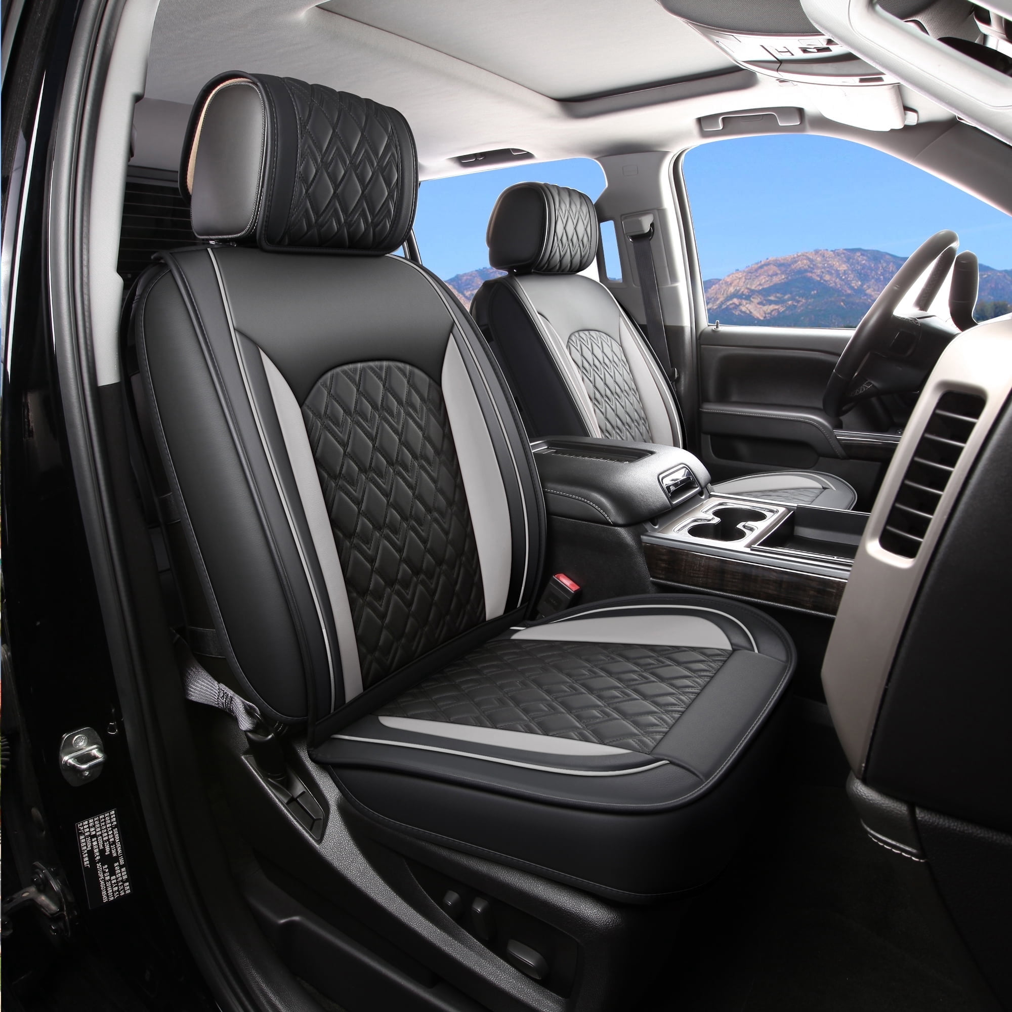 JOJOBAY Chevy Silverado Seat Covers,Leather Seat Covers for GMC Sierra,Custom Fit 2007-2026 1500 2500HD 3500HD Crew Double Extended Regular Cab,LT LZT RST Trail Boss(Front Pair,Black Grey)