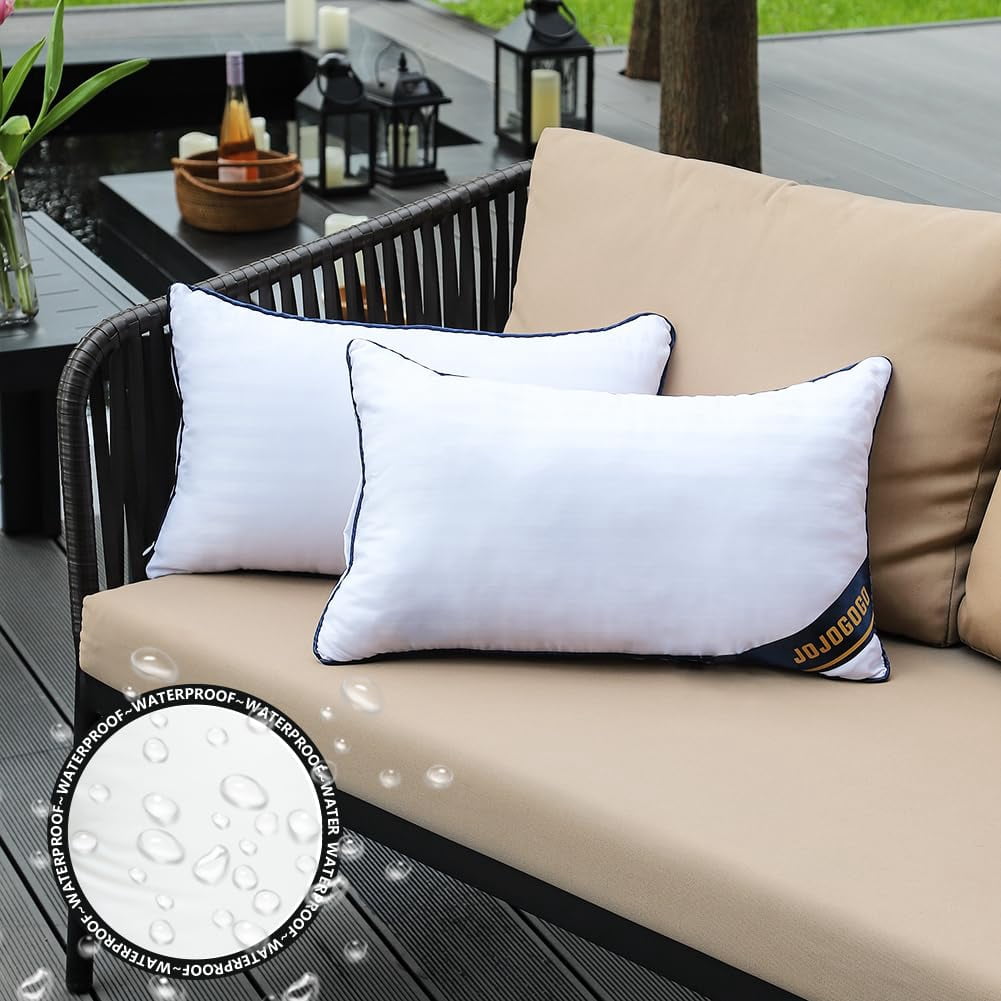 JOJOGOGO 12x20 Outdoor Lumbar Pillow Inserts Waterproof Set of 2, 12 x 20 Outdoor Lumbar Throw Pillows White Rectangle Decorative Pillow for Front Porch and Patio Furniture (with Deep Blue Piping)