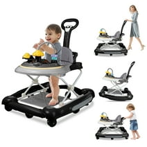 JOJOLAM 5-in-1 Baby Walker, Musical Activity Push Walker with Detachable Awning Footrest, Adjustable Height, Black