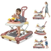 JOJOLAM 5-in-1 Baby Walker, Musical Activity Push Walker with Detachable Awning Footrest, Adjustable Height, Green