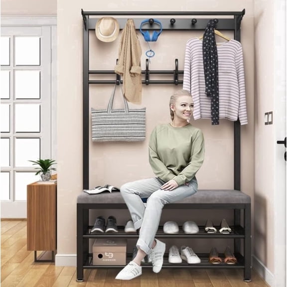 Hurber 5-in-1 Entryway Hall Tree, Multifunctional Coat Rack with Bench & 2 Tier Shoe Rack, 10 Hooks, Black