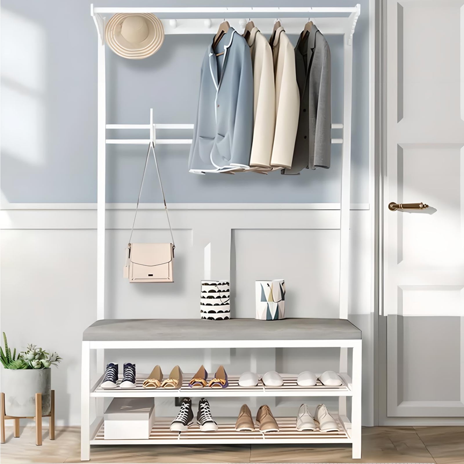 JOJOLAM 5-in-1 Hall Tree, Coat Rack, Bench, 2-Tier Shoe Rack