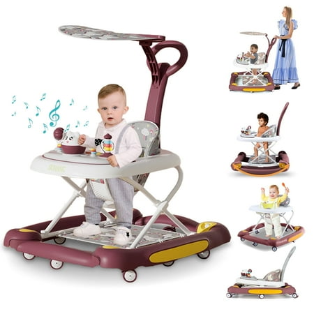 FACNOATIHN 6-in-1 Baby Walker, Foldable Push Walker with Musical Activity Station, 6-24 Months, Red