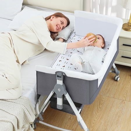 FACNOATIHN Baby Bassinet, 5-in-1 Infant Bedside Crib with Changing Table and Locked Wheel, Adjustable Height, for 0-24 Months, Gray