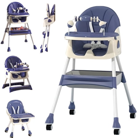 FACNOATIHN Baby High Chair, 4-in-1 Foldable Highchair Dining Feeding Chair with Five-Point Harness Double Dining Plate & Toy Rack, Infant to Toddler, Blue