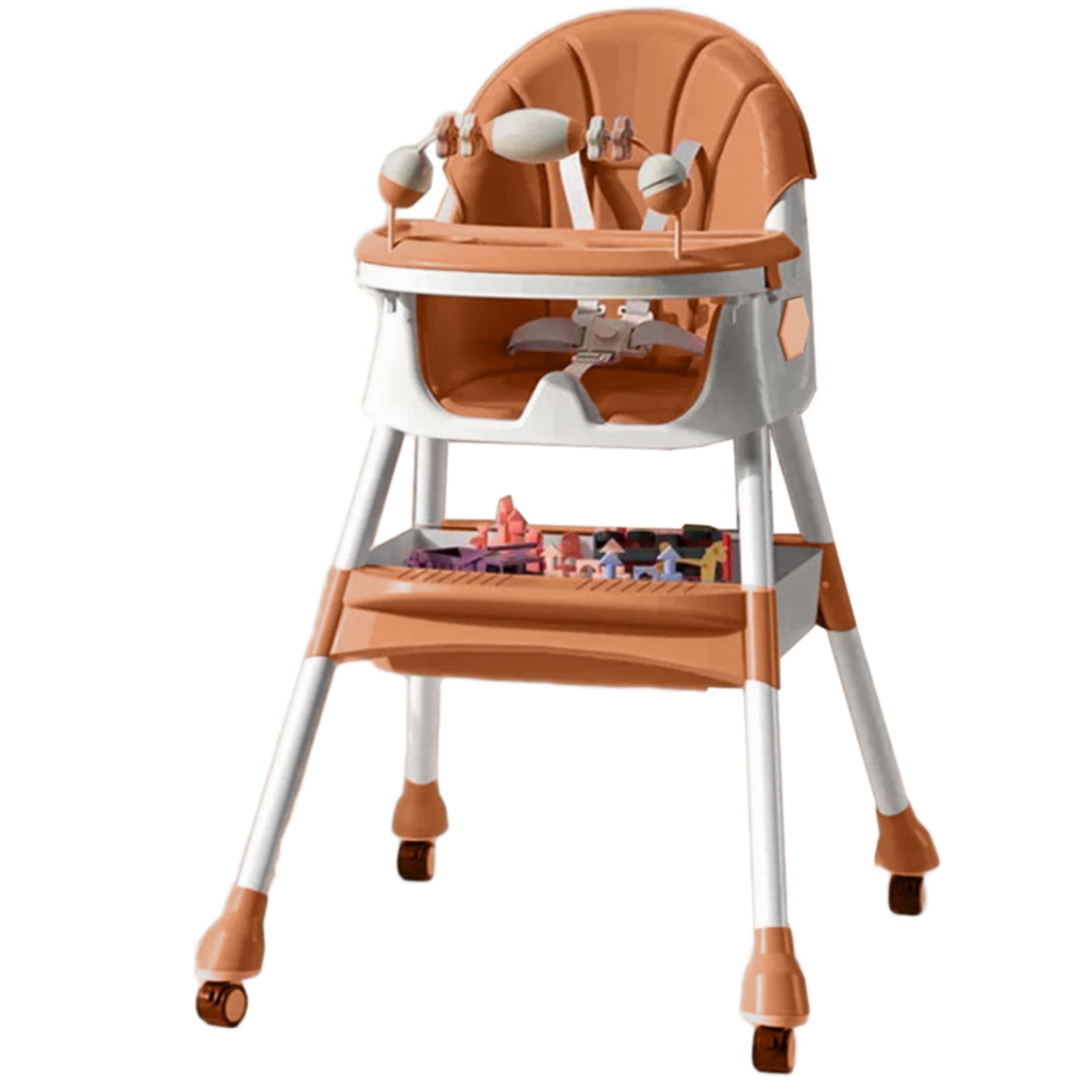 FACNOATIHN Baby High Chair, 4-in-1 Foldable Highchair Dining Feeding Chair with Five-Point Harness Double Dining Plate & Toy Rack, Infant to Toddler, Brown
