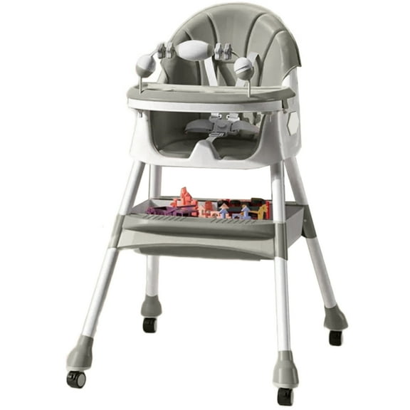 FACNOATIHN Baby High Chair, 4-in-1 Foldable Highchair Dining Feeding Chair with Five-Point Harness Double Dining Plate & Toy Rack, Infant to Toddler, Gray