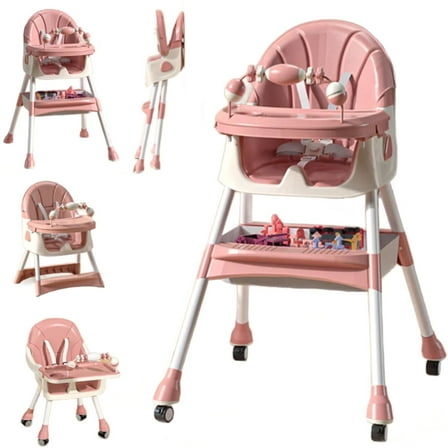 FACNOATIHN Baby High Chair, 4-in-1 Foldable Highchair Dining Feeding Chair with Five-Point Harness Double Dining Plate & Toy Rack, Infant to Toddler, Pink