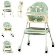 JOJOLAM Baby High Chair, 4-in-1 Foldable Highchair Dining Feeding Chair with Five-Point Harness Double Dining Plate & Toy Rack, Infant to Toddler, Green