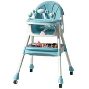 JOJOLAM Baby High Chair, 4-in-1 Foldable Highchair Dining Feeding Chair with Five-Point Harness Double Dining Plate & Toy Rack, Infant to Toddler, Blue