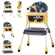 JOJOLAM Baby High Chair, 4-in-1 Foldable Highchair Dining Feeding Chair with Five-Point Harness Double Dining Plate & Toy Rack, Infant to Toddler, Gray