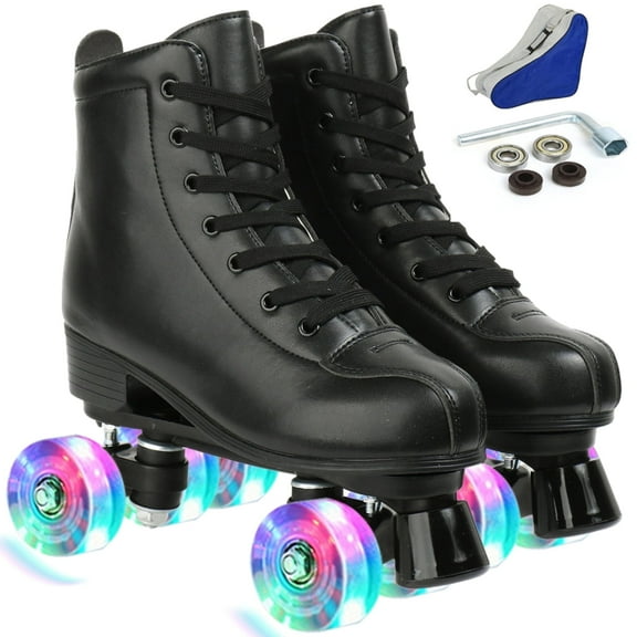 FACNOATIHN Roller Skate, Classic Fashion Skates for Adults Kids with Light up Wheels, Black(Women's 12 / Men's 10.5)