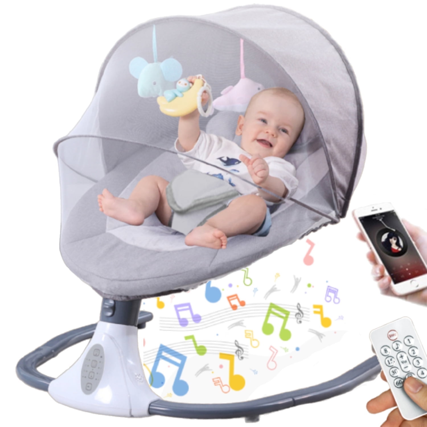FACNOATIHN Electric Baby Swing, Infant Bouncer Chair Rocker with 12 Lullabies, Bluetooth Music, Adjustable Speeds, 4 Timing Set, Unisex, Gray