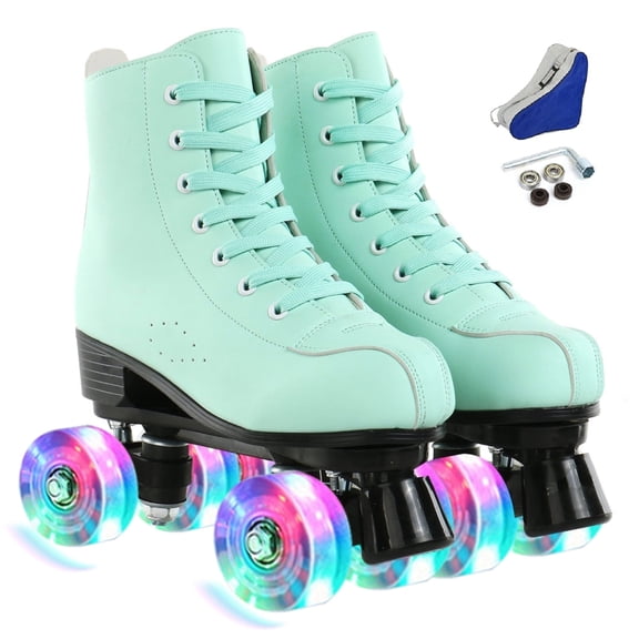 FACNOATIHN Roller Skate, Classic Fashion Skates for Adults Kids with Light up Wheels, Green(Women's 5.5 / Men's 5)
