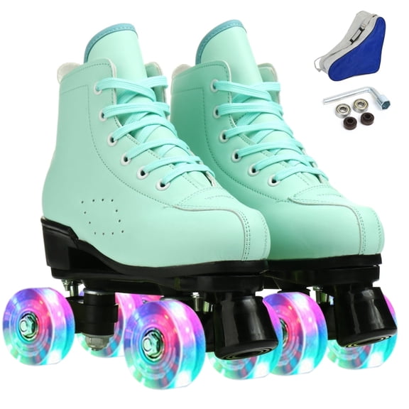FACNOATIHN Roller Skate, Classic Fashion Skates for Adults Kids with Light up Wheels, Green(Women's 8 / Men's 6.5)