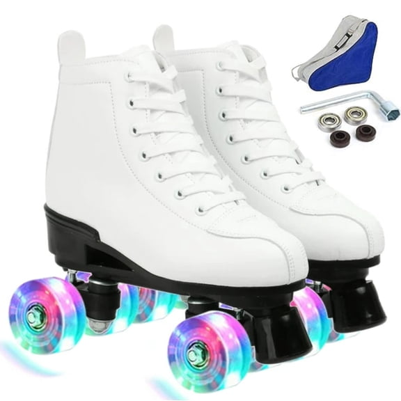 FACNOATIHN Roller Skate, Classic Fashion Skates for Adults Kids with Light up Wheels, White(Women's 8 / Men's 6.5)
