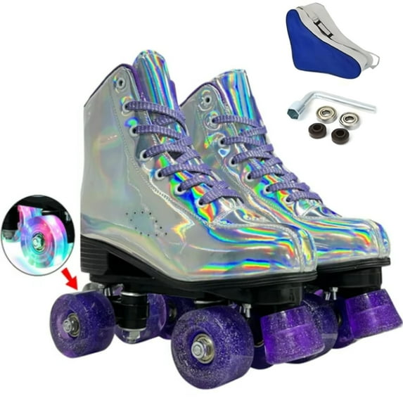 JOJOLAM Roller Skate, Adult Teen Classic High Top Roller Skates with Flashing Wheel & Shoes Bag, Sliver, Women's 9 & Men's 7.5