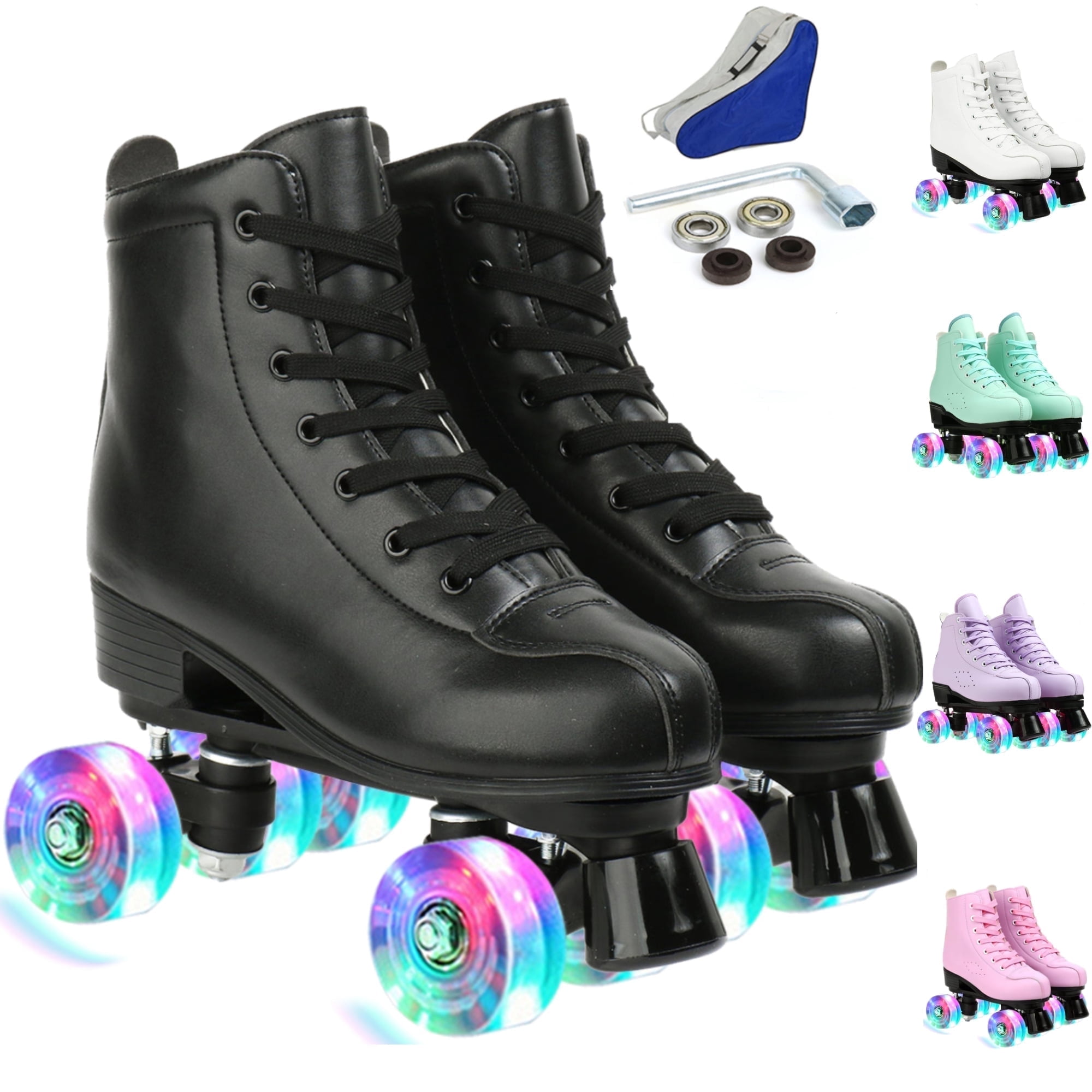 FACNOATIHN Roller Skate, Classic Fashion Skates for Adults Kids with Light up Wheels, Black(Women's 8.5 / Men's 7)