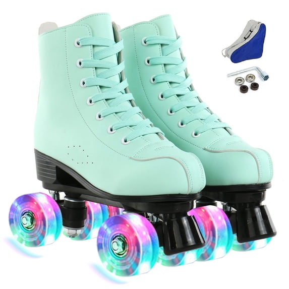 FACNOATIHN Roller Skate, Classic Fashion Skates for Adults Kids with Light up Wheels, Green(Women's 10 / Men's 8.5)