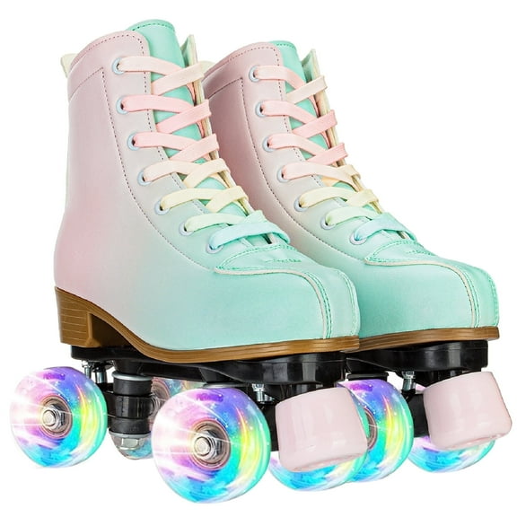 FACNOATIHN Roller Skate, Girls Women Fashion Classic High-top Roller Skates with Light up wheels, Green&Pink (Women's 10)