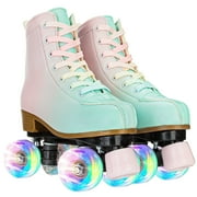 JOJOLAM Roller Skate, Girls Women Fashion Classic High-top Roller Skates with Light up wheels, Green&Pink (Women's 5)