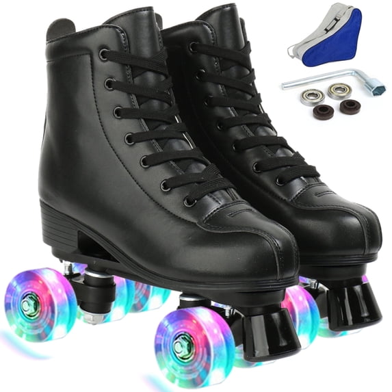 FACNOATIHN Roller Skate, Classic Fashion Skates for Adults Kids with Light up Wheels, Black(Women's 9 / Men's 7.5)