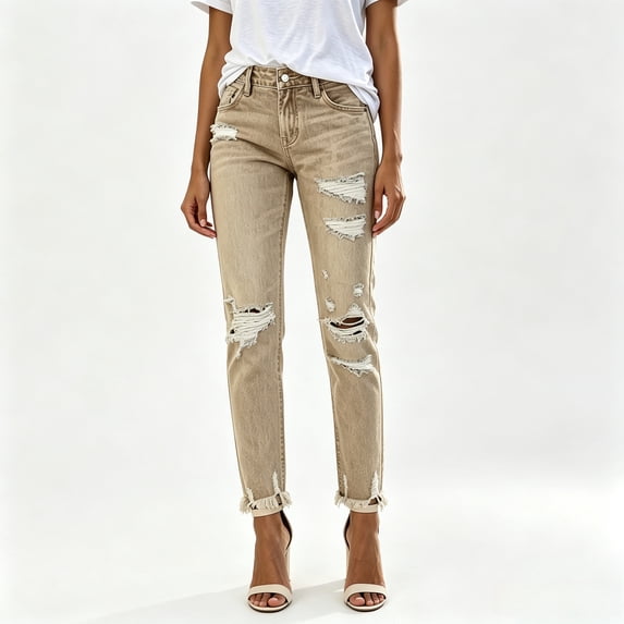 JOLIP Women's High Rise Khaki Distressed Ripped Straight Leg Jeans, 4-12