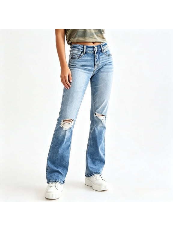 Women's Mid Rise Ripped Distressed Flare Denim Jeans, Stretch Vintage Bootcut Jeans for Casual Daily Wear