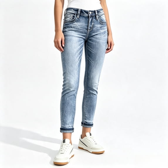 JOLIP Women's Mid Rise Skinny Ankle Jeans, Rhinestone Embroidered Back Pockets Stretch Denim Pants
