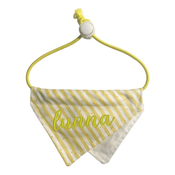 JOLLGII Custom Embroidered Name Striped Pet Bandana, Adjustable Drawstring Triangle Bib for Cats & Small Dogs, Soft Polyester Drool Scarf(M,Yellow)