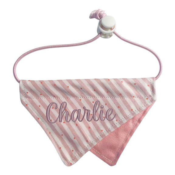 JOLLGII Custom Embroidered Name Striped Pet Bandana, Adjustable Drawstring Triangle Bib for Cats & Small Dogs, Soft Polyester Drool Scarf(S,Pink)