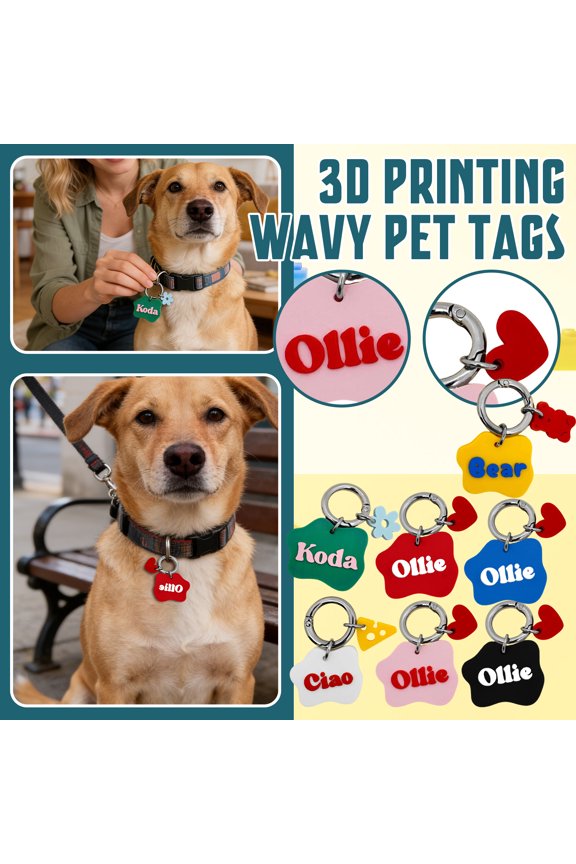 Personalized 3D Printed Wave Shaped Pet ID Tag, Custom Text Keychain, Lightweight Durable Nameplate For Dogs and Cats, Unique Curved Design, Colorful Filament Options(M,A)