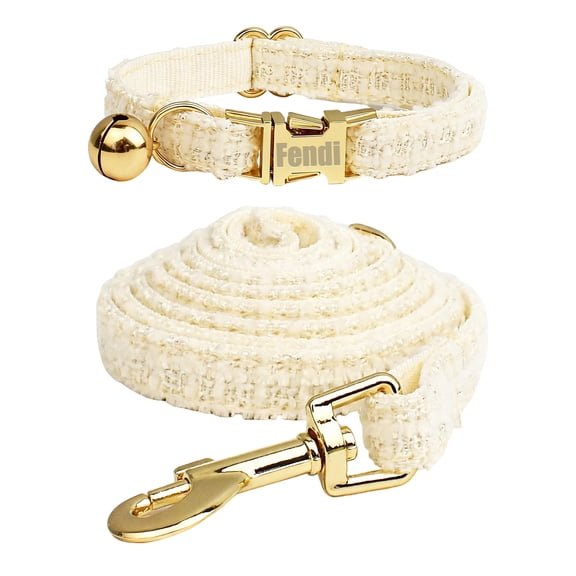 JOLLGII Personalized Bell Collar and Leash Set With Engraved Name and Phone, Classic Quilted Style, Cat and Small Dog Matching Set, Breakaway Buckle, Comfort Padded Handle(L,White)