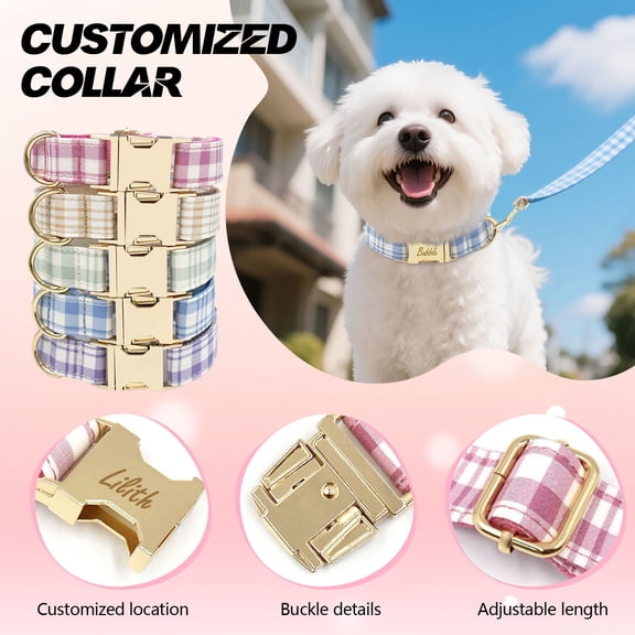 JOLLGII Personalized Dog Collar and Leash Set With Cute Bow, Custom Printed Name and Phone Number, Adjustable For Small Medium Large Dogs, Soft Cotton Blend Fabric, Charming Pattern(XS,Light Blue)
