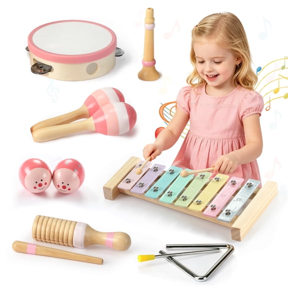JOLLITO 9-Piece Kids Musical Instrument Set, Wooden Toys for Toddlers 1-3,Montessori Percussion Toys Macaron Pastel Colors Xylophone Tambourine Maracas with Storage Bag, Preschool Educational Gift